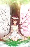  against_tree brown_eyes clover flower flower_necklace four-leaf_clover head_wreath jewelry lily_(flower) long_hair multicolored_hair nanahara_fuyuki necklace original petals snow solo tree under_tree 