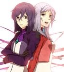  1girl anew_returner celestial_being_uniform crossed_arms glasses gloves gundam gundam_00 jacket kouichirou long_hair open_mouth purple_hair red_eyes smile tieria_erde 