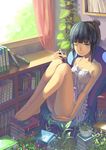  aqua_hair barefoot book bookshelf chair curtains dress earphones green_eyes highres holding indoors legs long_legs madyy one_eye_closed original plant potted_plant sitting solo thighs window 