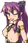  ;p blue_eyes blush bracelet charcoal flat_chest forked_tongue hair_bobbles hair_ornament hair_ribbon highres hitodama_(r-alternative) jewelry lamia long_hair mon-musu_quest! monster_girl navel one_eye_closed pointy_ears ponytail purple_hair ribbon smile solo tiny_lamia_(mon-musu_quest!) tongue tongue_out 