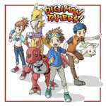  1girl 2boys digimon digimon_tamers guilmon li_jenrya lowres makino_ruki matsuda_takato multiple_boys renamon terriermon 