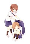  black_legwear blush brown_eyes brown_hair closed_eyes covering covering_with_blanket crossed_arms gym_shorts gym_uniform jacket kneehighs leg_hug multiple_girls namori original shoes shorts sleeping smile sneakers socks sportswear track_jacket yuru_yuri 