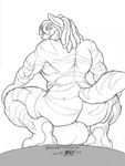  balls big_balls buff butt canine crouching daigo dreadlocks hair hindpaw hyper looking_back looking_over_shoulder male mcperson muscles nude raised_tail sitting solo stripes tail 