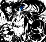  absurdres arm_cannon bikini_top black_rock_shooter black_rock_shooter_(character) bouncing_breasts breasts burning_eye chain checkered checkered_floor eyepatch glowing glowing_eye highres jacket large_breasts long_hair monochrome potion_(moudamepo) scar shorts solo spot_color twintails weapon 