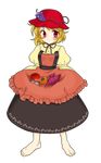  absurdres aki_minoriko apple apron apron_lift bad_feet barefoot blonde_hair food fruit grapes hat highres kotomi_(happy_colors) nut_(food) persimmon red_eyes short_hair solo sweet_potato touhou 