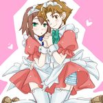  bad_id bad_pixiv_id baka_to_test_to_shoukanjuu blush brown_eyes brown_hair crossdressing green_eyes hair_ornament hairclip hand_on_back heart holding_hands interlocked_fingers kinoshita_hideyoshi maid maid_headdress male_focus multiple_boys musukichi otoko_no_ko short_hair smile striped thighhighs white_legwear yoshii_akihisa 