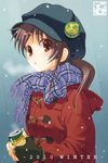  aoi_sora_(pairan) bangs breath brown_eyes brown_hair can coat face fingerless_gloves gloves hair_ornament hairclip hat long_sleeves looking_at_viewer original pairan pins plaid plaid_scarf scarf snowing soda_can solo twintails upper_body 