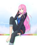  adjusting_hair barefoot blue_eyes breasts cleavage fingernails hair_ornament hairclip highres jewelry large_breasts long_hair megurine_luka nail_polish necklace pekoni_(peconi) pink_hair solo toenails vocaloid 