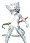  blue_eyes cat feline female katana looking_at_viewer mammal mina nude plain_background pose solo standing sword weapon white_background yana 