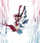  bare_shoulders blue_hair boots cape detached_sleeves dissolving falling gloves hand_on_another's_cheek hand_on_another's_face highres holding_hands kmgk long_hair magical_girl mahou_shoujo_madoka_magica miki_sayaka multiple_girls ponytail red_eyes red_hair sakura_kyouko short_hair smile thighhighs white_gloves 