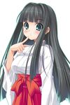  black_hair blush green_eyes japanese_clothes long_hair miko noritama_(gozen) open_mouth original solo standing 