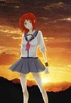  angel_beats! iwasawa mera red_eyes red_hair school_uniform serafuku short_hair sleeves_rolled_up solo sunset 