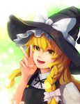  blonde_hair braid elrowa face hands hat highres kirisame_marisa long_hair open_mouth portrait smile solo star touhou v witch_hat yellow_eyes 