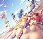  :&lt; =_= akemi_homura ass beach bikini_skirt black_hair blonde_hair blue_eyes blue_hair bow casual_one-piece_swimsuit closed_eyes cloud day drill_hair fang hair_bow hairband hakkotsu_shitai kaname_madoka kyubey long_hair looking_back lying mahou_shoujo_madoka_magica miki_sayaka multiple_girls on_stomach one-piece_swimsuit outdoors parasol pink_hair ponytail purple_eyes reading red_eyes red_hair sakura_kyouko sand_sculpture short_hair short_twintails sky sleeping sunbathing sunglasses swimsuit tomoe_mami twintails umbrella volleyball 