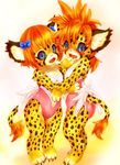  blue_eyes blush bow butt cat cheetah claws clothing cub face_markings fang feline female looking_at_viewer orange_hair ponytail pose siblings skimpy spots standing tail tetetor-oort whiskers 田代憂 