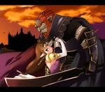  1girl armor aro blue_eyes brown_hair cape ganondorf gerudo height_difference letterboxed long_hair pointy_ears princess_zelda red_hair sword the_legend_of_zelda the_legend_of_zelda:_twilight_princess weapon 