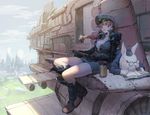  aircraft animal blue_eyes book boots braid breasts brown_hair bunny can cigar cleavage cloud copyright_request day glasses gun handgun hat highres large_breasts legs long_legs loped miniskirt open_clothes open_shirt reading red_eyes shirt sitting skirt solo thighs unbuttoned weapon 