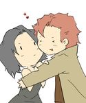  1girl baccano! chane_laforet chibi claire_stanfield closed_eyes couple grey_hair happy heart hetero hug red_hair 