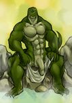  abs balls bath biceps big_penis circumcised claws flaccid hot_spring kokuhane looking_at_viewer male muscles nude pecs penis presenting reptile rocks scalie solo tail towel water 