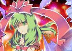  bow dress frills front_ponytail green_eyes green_hair hair_bow hair_ribbon hands_clasped kagiyama_hina momo_(reima0408) own_hands_together ribbon shatter solo touhou 