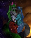  anthro blue_hair breasts canine cleavage clothed clothing duo ear_piercing eyes_closed female fox green_hair hair kissing lesbian long_hair mammal piercing raining tongue tongue_out unknown_artist wet 