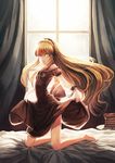  barefoot bed_sheet blonde_hair book bryanth curtains dress dress_lift gosick gothic_lolita green_eyes hairband hat highres indoors kneeling lolita_fashion long_hair looking_back solo very_long_hair victorica_de_blois window wrist_cuffs 