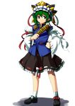  asymmetrical_hair black_dress blue_eyes bow buttons dress frown full_body green_hair hand_on_hip hat highres long_sleeves no~ma ribbon rod_of_remorse shadow shiki_eiki shoes short_hair skirt socks solo touhou transparent_background vest 