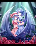  bad_id bad_pixiv_id bat_wings blue_eyes blue_hair braid breasts flower hat highres izayoi_sakuya large_wings letterboxed maid maid_headdress medium_breasts multiple_girls red_eyes red_flower red_rose remilia_scarlet rose short_hair sideboob silver_hair slit_pupils touhou twin_braids walzrj wings 