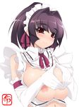  areolae bad_id bad_pixiv_id black_hair blush breast_press breastless_clothes breasts elbow_gloves gloves heart heart_hands huge_breasts maid maid_headdress mel/a navel nipples original red_eyes saionji_mikoto short_hair solo white_gloves 