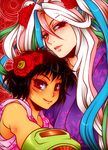  black_hair brother_and_sister flower japanese_clothes kimono lilysick long_hair multicolored_hair pink_eyes rin_(toriko) sani_(toriko) scar short_hair siblings toriko_(series) 