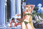  1girl 90s bandeau bikini blonde_hair deedlit dog elf highres long_hair non-web_source parn pointy_ears record_of_lodoss_war swimsuit very_long_hair water waterfall 