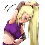  armpits blonde_hair blue_eyes blush green_eyes hair_ornament hair_over_one_eye hairclip long_hair midriff naruto solo stretch ueda_sanagi yamanaka_ino 