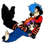  blue_hair cujo ear_piercing gay goggles goof_troop hair holly_massey male orange_hair pants piercing plantigrade shirt short_hair socks 