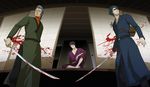  blood blue_hair gb_(doubleleaf) gintama glasses grey_hair hair_over_one_eye japanese_clothes katana kawakami_bansai kimono multiple_boys nizou_okada purple_hair sliding_doors sunglasses sword takasugi_shinsuke weapon 