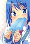  blue_eyes blue_hair copyright_request eating food highres kuuchuu_yousai necktie popsicle school_uniform sexually_suggestive short_hair solo 