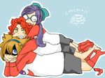  1girl 2boys barazono_han blue_eyes bow brown_hair glasses hair_bow honba_geki inazuma_eleven inazuma_eleven_(series) multiple_boys nagumo_haruya purple_hair red_hair yellow_eyes 