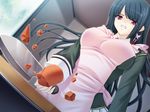  1girl angry apron breasts carrot crushed cut cutting_board dutch_angle game_cg in_the_air indoors kitchen_knife knife miel miel_(company) norn_soft red_eyes sky solo tame violent yandere yandere_na_kanojo_ni_shinu_hodo_tsukusareru 