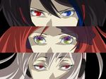  2girls black_hair blue_hair column_lineup gradient_eyes heterochromia multicolored multicolored_eyes multiple_girls namine_ritsu parody persona persona_3 persona_eyes red_eyes red_hair silver_hair sukone_tei utau vippaloid yamagami_shuu yokune_ruko 