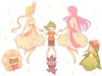  2girls ahoge anthea_(pokemon) barefoot blonde_hair blue_eyes concordia_(pokemon) dress gen_5_pokemon green_hair lilligant long_hair multiple_girls n_(pokemon) pink_eyes pink_hair pokemon pokemon_(creature) pokemon_(game) pokemon_bw ribbon whimsicott yellow_eyes younger zorua 