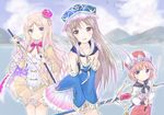  :d atelier_(series) atelier_meruru atelier_rorona atelier_totori bad_id bad_pixiv_id banned_artist blonde_hair blue_eyes blue_sleeves blush bow breasts brown_eyes brown_hair cleavage crown detached_sleeves hat highres long_hair medium_breasts merurulince_rede_arls mirai_(macharge) multiple_girls open_mouth red_bow rororina_fryxell skirt smile staff sword totooria_helmold weapon yellow_skirt 