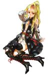  amoretta_virgine blonde_hair boots cat dagger grimgrimoire jewelry kamitani_george long_hair official_art ponytail red_eyes sitting smile solo weapon 