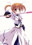  brown_hair fingerless_gloves gloves highres long_hair lyrical_nanoha mahou_shoujo_lyrical_nanoha mahou_shoujo_lyrical_nanoha_the_movie_1st raising_heart red_eyes solo staff takamachi_nanoha takkayuuki twintails 