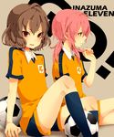  androgynous ball blue_eyes brown_eyes brown_hair highres inazuma_eleven_(series) inazuma_eleven_go kirino_ranmaru lightning_bolt long_hair male_focus multiple_boys open_mouth otoko_no_ko pink_hair raimon raimon_soccer_uniform shindou_takuto short_hair sitting smile soccer_ball soccer_uniform sportswear telstar twintails yugake_(mrnmrm) 