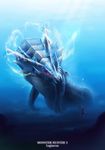  bad_pixiv_id bubble cha-cha electricity fish giccho glowing glowing_eyes horns lagiacrus monster monster_hunter monster_hunter_3 no_humans red_eyes staff swimming text_focus underwater 