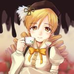  blonde_hair breasts cup drill_hair dzc23 hat highres mahou_shoujo_madoka_magica medium_breasts puffy_sleeves solo teacup tomoe_mami yellow_eyes 