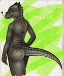  &hearts; brush_(artist) butt dinosaur english_text female green_eyes looking_at_viewer looking_back nude nyori scalie solo text 