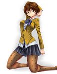  brown_eyes brown_hair fishnet_pantyhose fishnets kasu_yasuto original pantyhose school_uniform short_hair solo 