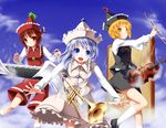  blonde_hair bow_(instrument) brown_hair day hat highres instrument keyboard_(instrument) lunasa_prismriver lyrica_prismriver merlin_prismriver multiple_girls piano sakura_yuuya short_hair siblings silver_hair sisters sky socks touhou trumpet violin 