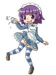  @_@ crazy_eyes drooling drugs female full_body futaba_channel maid nijiura_maids pill purple_eyes purple_hair saliva short_hair simple_background smile solo striped striped_legwear striped_thighhighs thighhighs white_background yakui 
