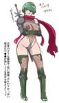  1girl breasts butcha-u earrings eroquis fishnet_top fishnets green_hair hair_over_one_eye jewelry kunoichi large_breasts lipstick makeup ninja red_eyes scarf short_hair sword weapon 